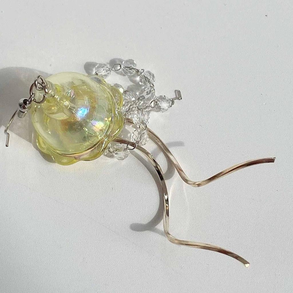 Transparent Iron Jellyfish Earrings Natural Stone Trendy S-Shaped Chain Tassel Hand-Crafted Beaded Design Cross-Border