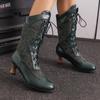 Women's Costume Cosplay Shoes Retro Mid Calf Boots Burnout Kitten Heels Front Bandage Patchwork Boots