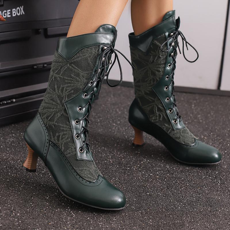 Women's Costume Cosplay Shoes Retro Mid Calf Boots Burnout Kitten Heels Front Bandage Patchwork Boots