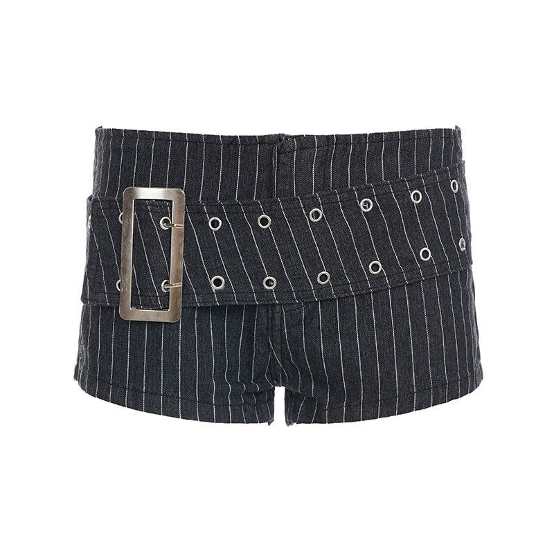 2026 Spring American-Style Spicy Girl Style Gray Striped Denim Shorts with a Unique Buckle Design, Slim Fit, Flattering Hot Pants for Women Gray S
