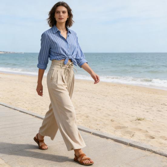 Women Pants High Waist Lace-up Casual Wide Leg Trousers with Pockets Pure Color Design Loose Fit Long Pants Daily