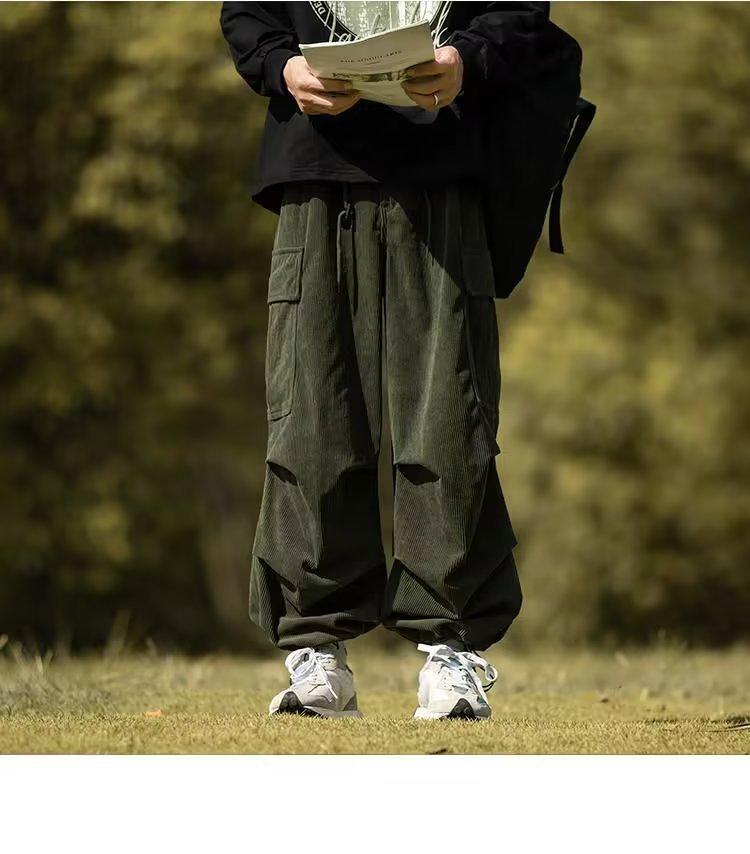 Japanese Retro Brown Corduroy Cityboy Men's Drawstring Cargo Pants, Plus Size, for Autumn and Winter.