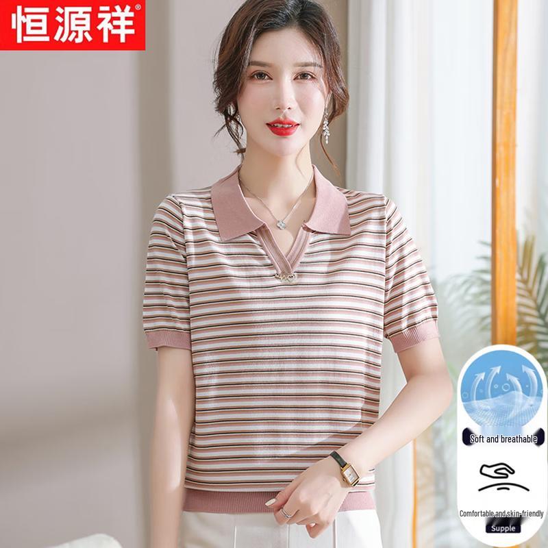 Hengyuanxiang Women s Striped Lapel Short Sleeve T-Shirt 110
