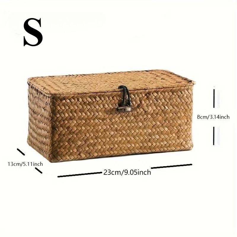 Handmade Seaweed Woven Storage Box, Retro Storage Rack Basket, with Lid Buckle Design, Household Miscellaneous Storage Box