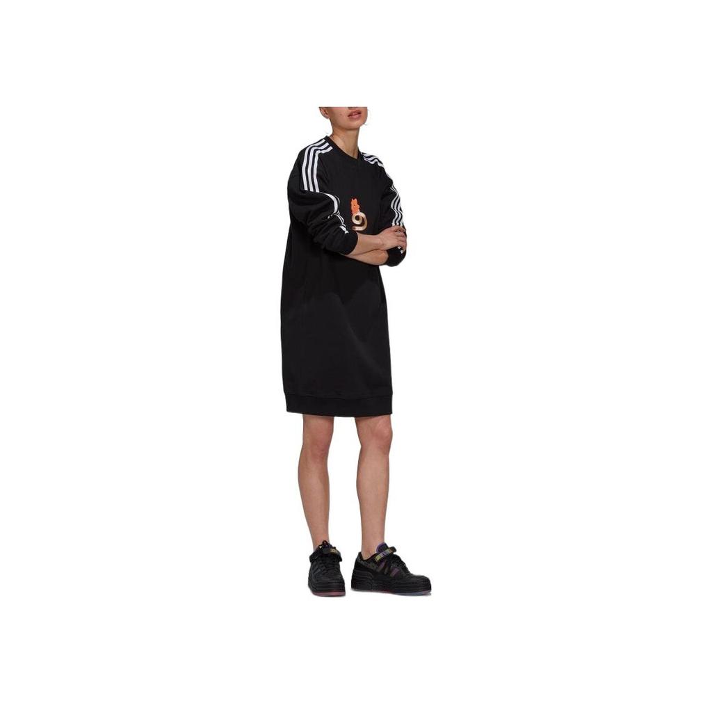 Adidas Originals Trefoil Logo Striped Print Straight-Leg Sports Long Sleeve Dress Women dresses Black HT3773