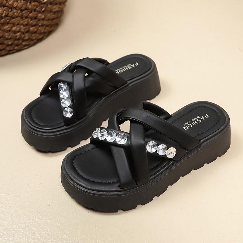 

Thick-bottomed cool slippers for women s outer wear summer new fashion versatile high-end sense rhinestone one-word drag 35 чёрный