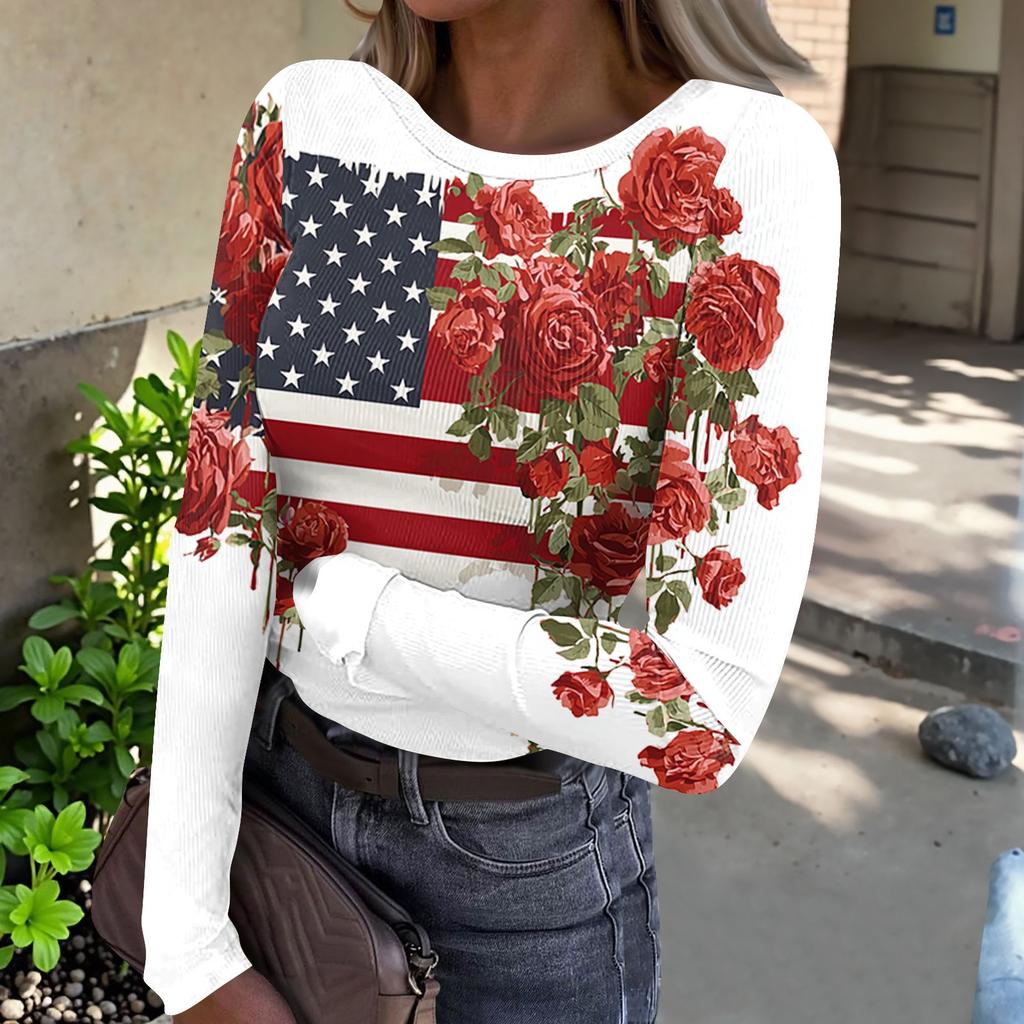 Damen Freizeit Langarm Rippstrick Oberteil Rundhals Pullover Amerikanische Flagge Print Leicht Dehnbares Shirt für den Alltag
