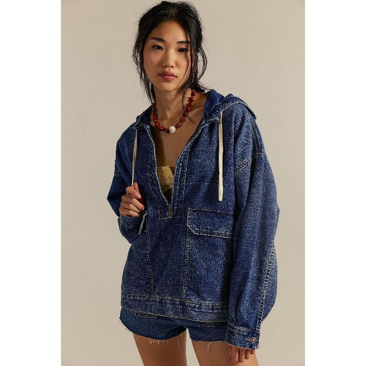 Women Loose Fit Denim Hooded Jacket with Zipper and Drawstring Multi Color Casual Jacket