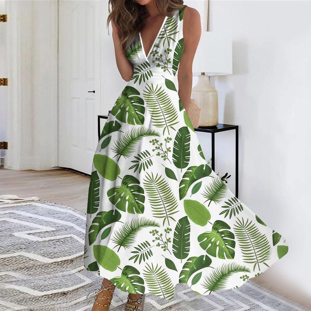 Women's Fashion Summer Floral Print V-Neck Sleeveless Tunic Casual Dresses