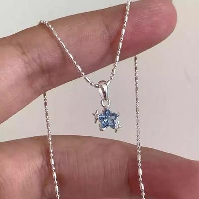 New Blue Zircon Star Pendant Necklace For Women Girls Simple Metal Clavicle Chain Aesthetic Jewelry Gift