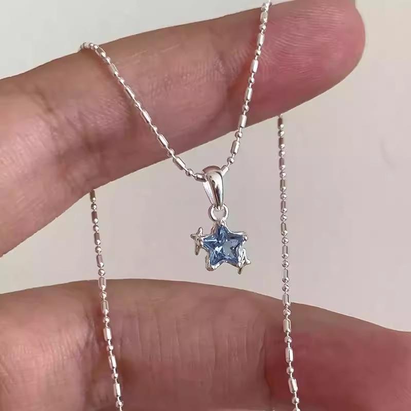 Shiny Blue Crystal Star Pendant Necklace for Women Girls Aesthetic Y2K Emo Zircon Charm Sweet Jewely Accessory Gift