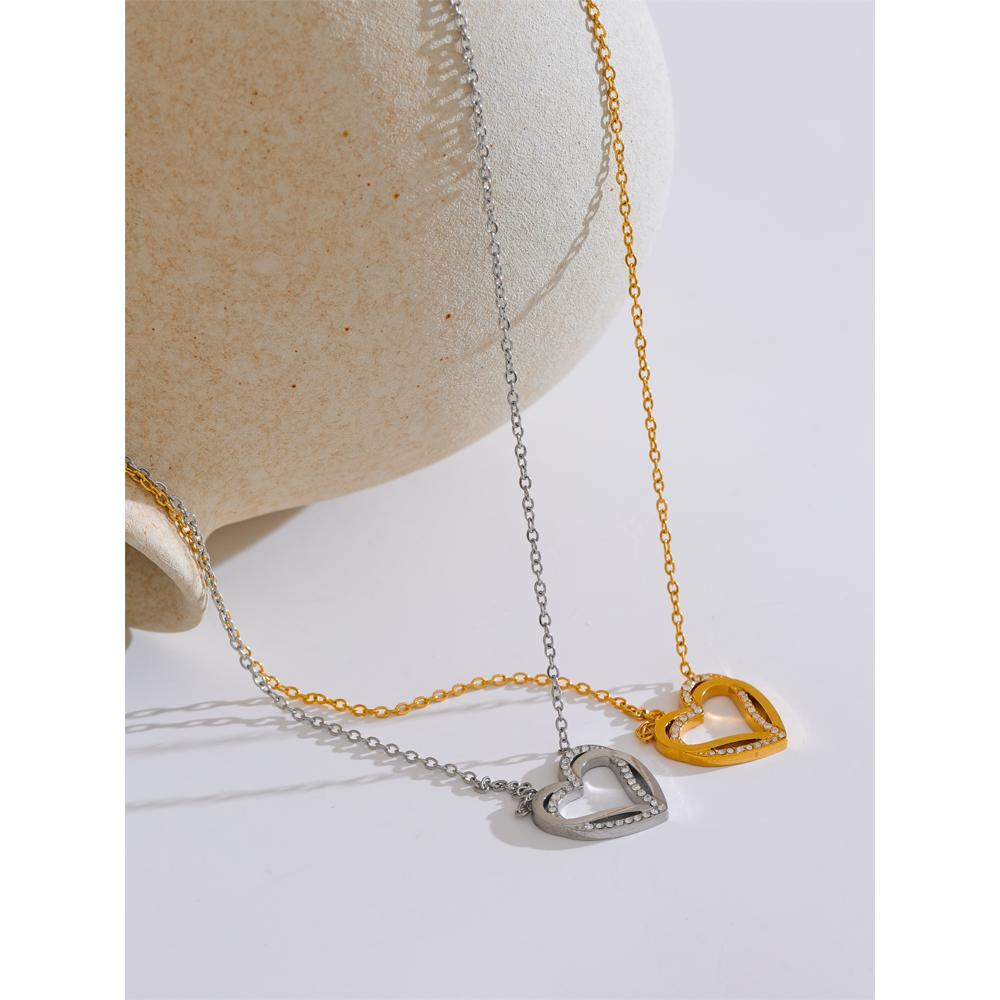 Yhpup Fashion Stainless Steel Zirconia Heart Love Hollow Pendant Necklace for Women Exquisite Romantic Jewelry Girlfriend Gift