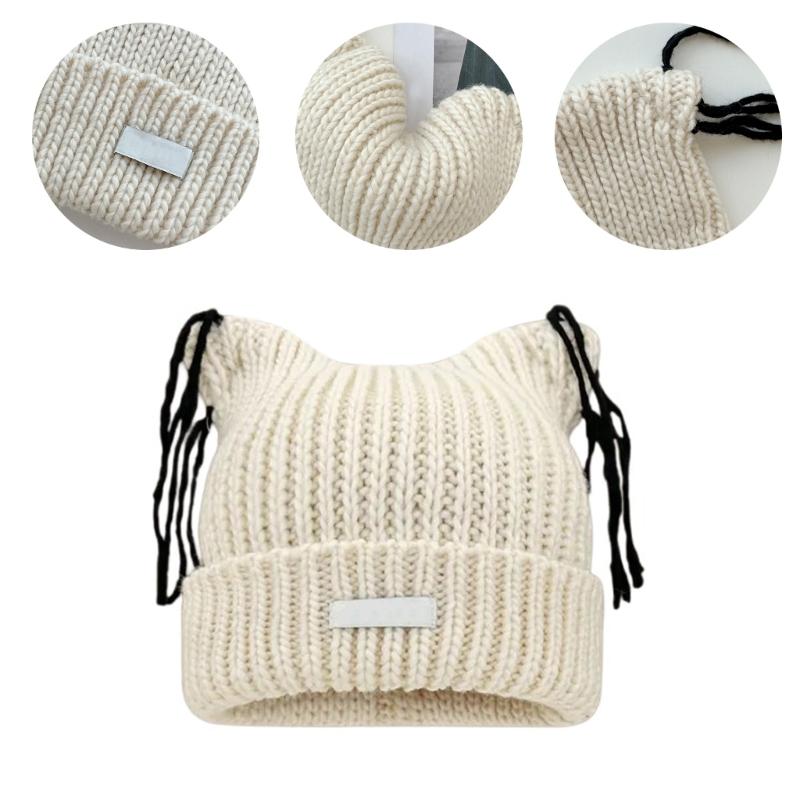 Cats Ear Knitted Hat Tassels Letter Decration Hat Foldable Fuzzy Winter Hat for Youthful Stylish Look
