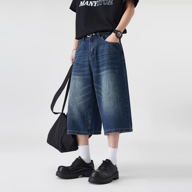 Spring, Summer and Autumn New American Wide-leg Loose Straight Seven-point Casual Denim Pants Men's Trendy MEN