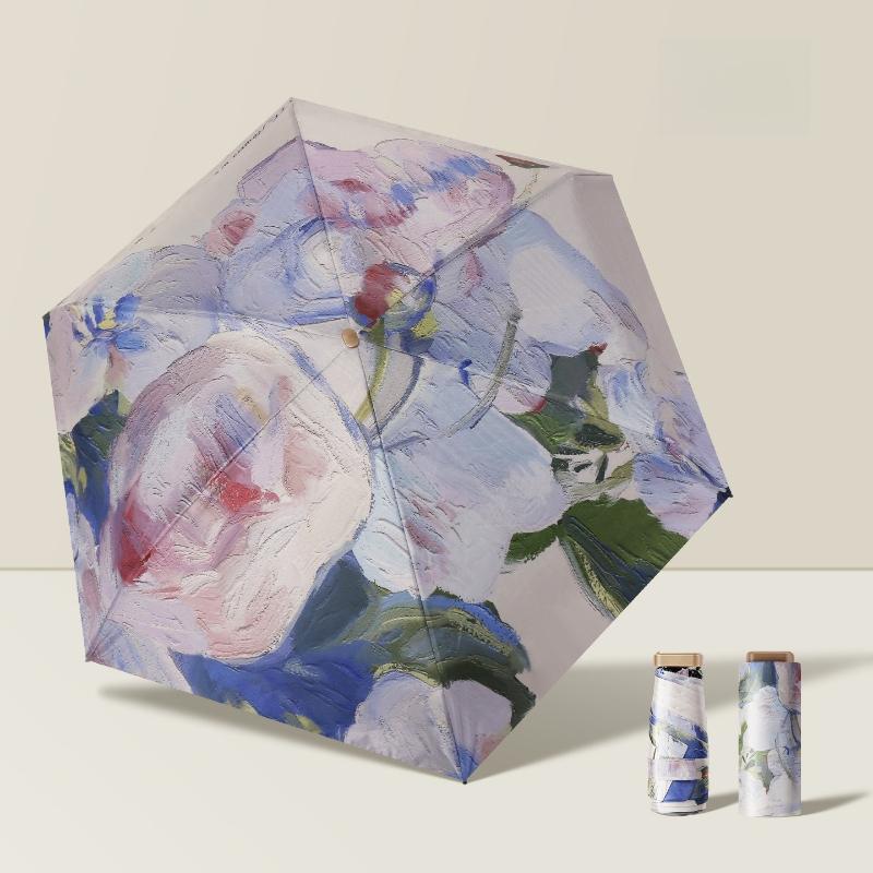 Mini Flat Pocket Umbrella Oil Painting Flower Anti UV Sunscreen Compact Folding Parasol