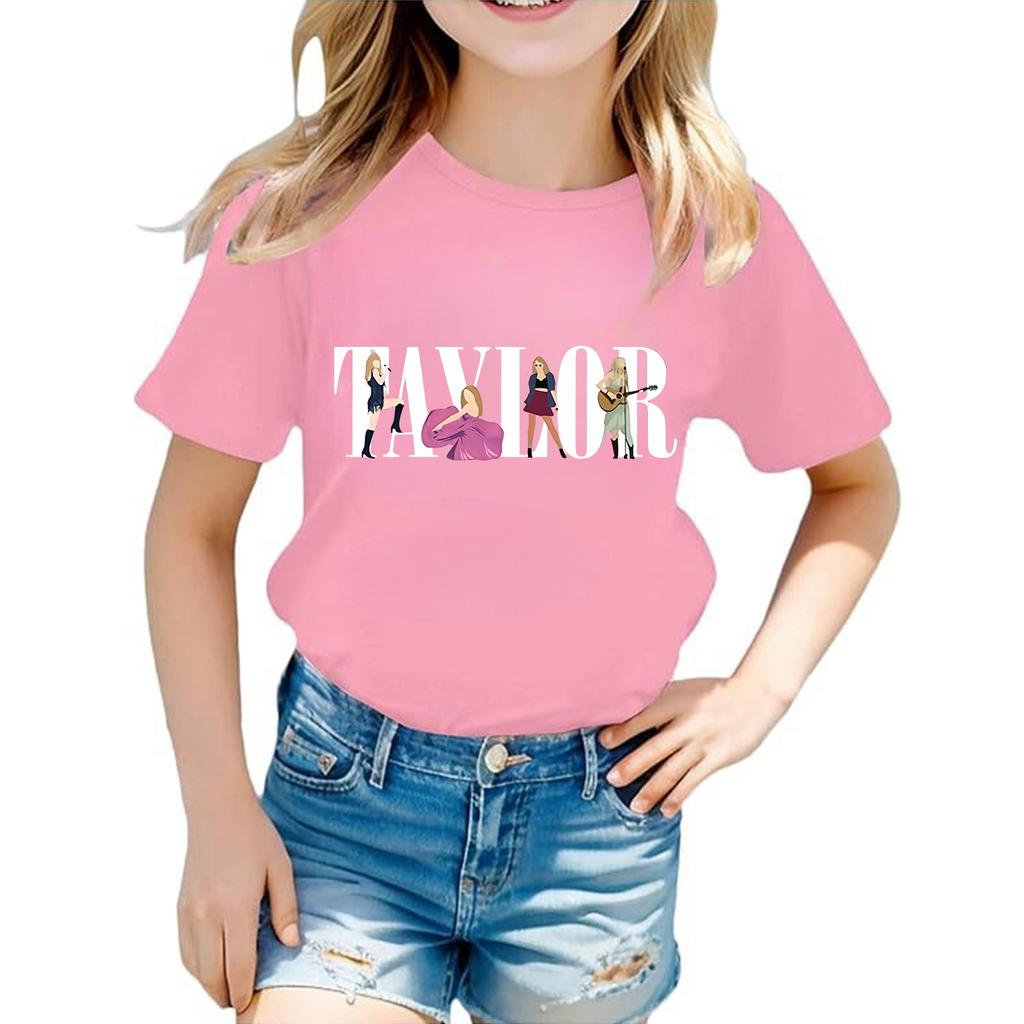 Summer Round Neck 3D Guitar Printed Top Fashionable Casual Short Sleeved Children's Girl T-shirts