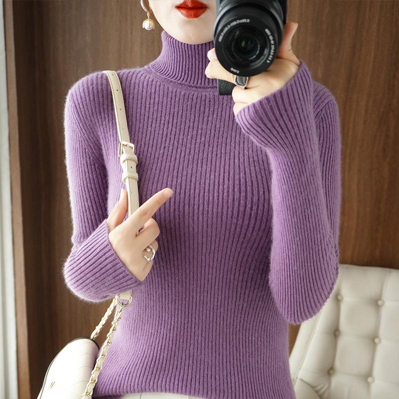 Women's Solid Color High Collar Long Sleeve Slim Fit Knit Sweater - Short & Warm for Autumn/Winter