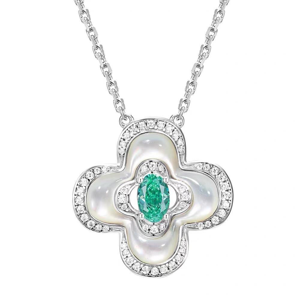 Vintage Paraiba Necklace for Women, Four-leaf Clover White Mother-of-Pearl Clavicle Chain, Aquamarine, Red Corundum, Tourmaline, Light Luxury New