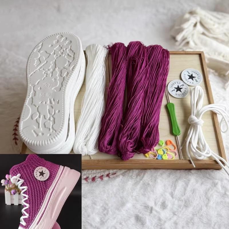 Ręcznie tkane letnie podeszwy haczykowe Podeszwy antypoślizgowe z gumy + pusta linia Ręcznie robione na drutach kapcie Krótkie buty DIY Buty szydełkowe Materiał