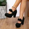 Large Size 43 Sexy High Heels Shoes for Women Bow Elastic Band Chunky Platform Pumps Woman Black Flock Square Heel Party Shoes