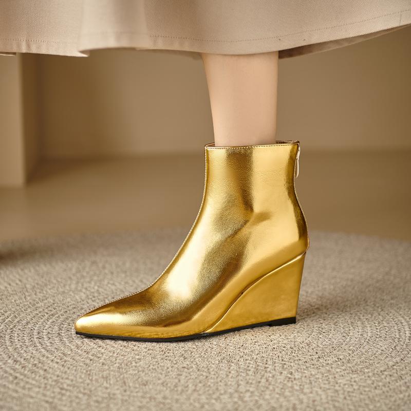 Women's Wedges Boots Gold Silver Pointed Toe Shoes 2024 Autumn Winter Ankle Boots Comfy French Concise Footwear
