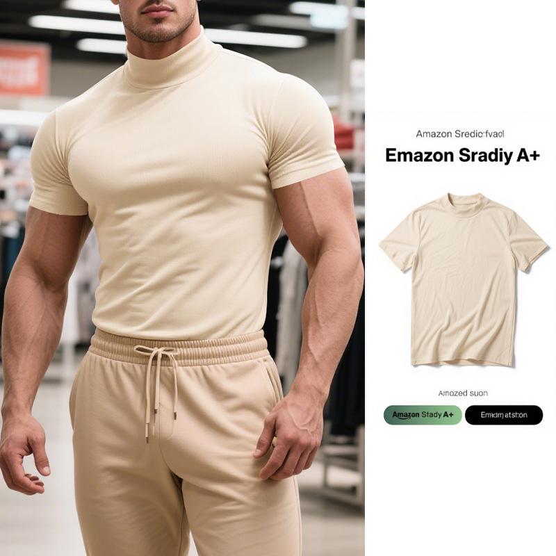 Summer New Men's Casual Semi-High Neck Slim Solid Color T-shirt - European & American Fashion.