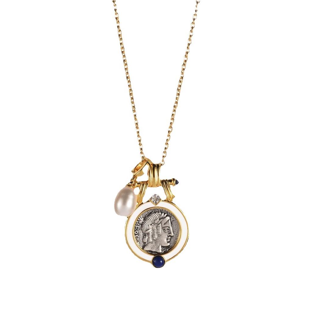 Vintage Heavy Industry Creates Double-Sided Embossed Sun God Apollo Ancient Coin Natural Pearl Pendant Necklace