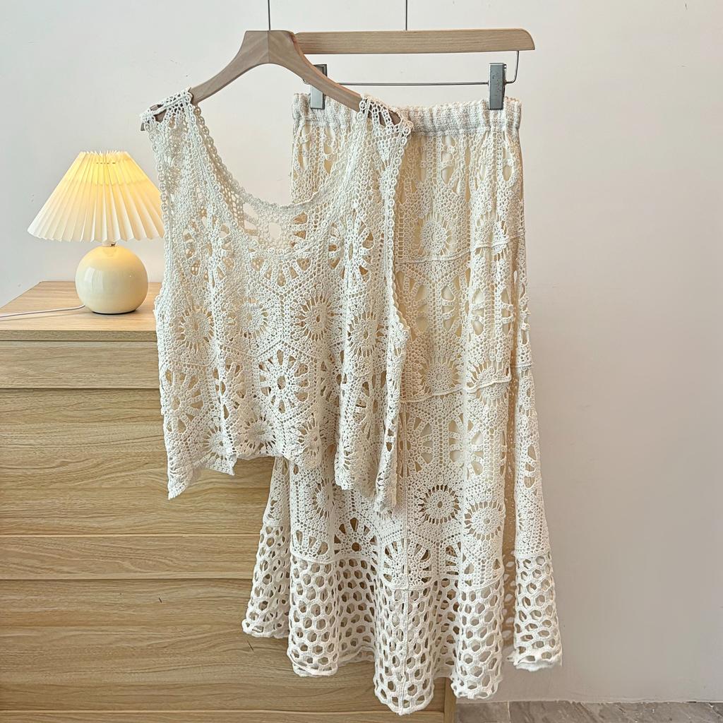 Dimanaf 2025 New Skirt Suit Women Lace Knitting Hollow Out Sexy O-Neck Hollow Summer Style Tops Tees Loose Basic