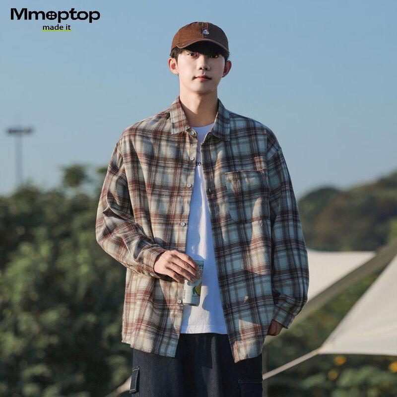 MMOPTOP Men s Japanese Retro Plaid Long-Sleeve Shirt Jacket 2XL