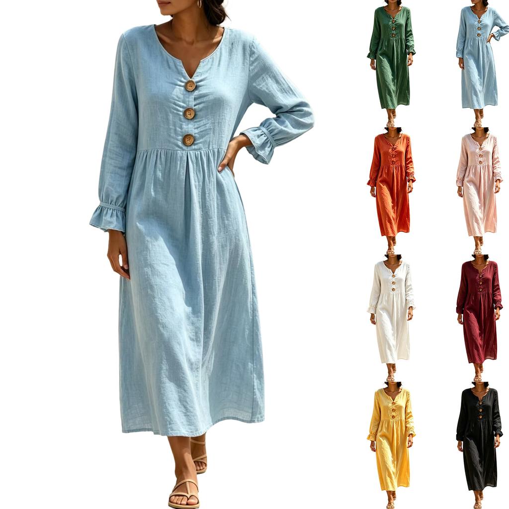 Women's Cotton Linen V-Neck Dress with Large Button and Lace Trim Sleeves