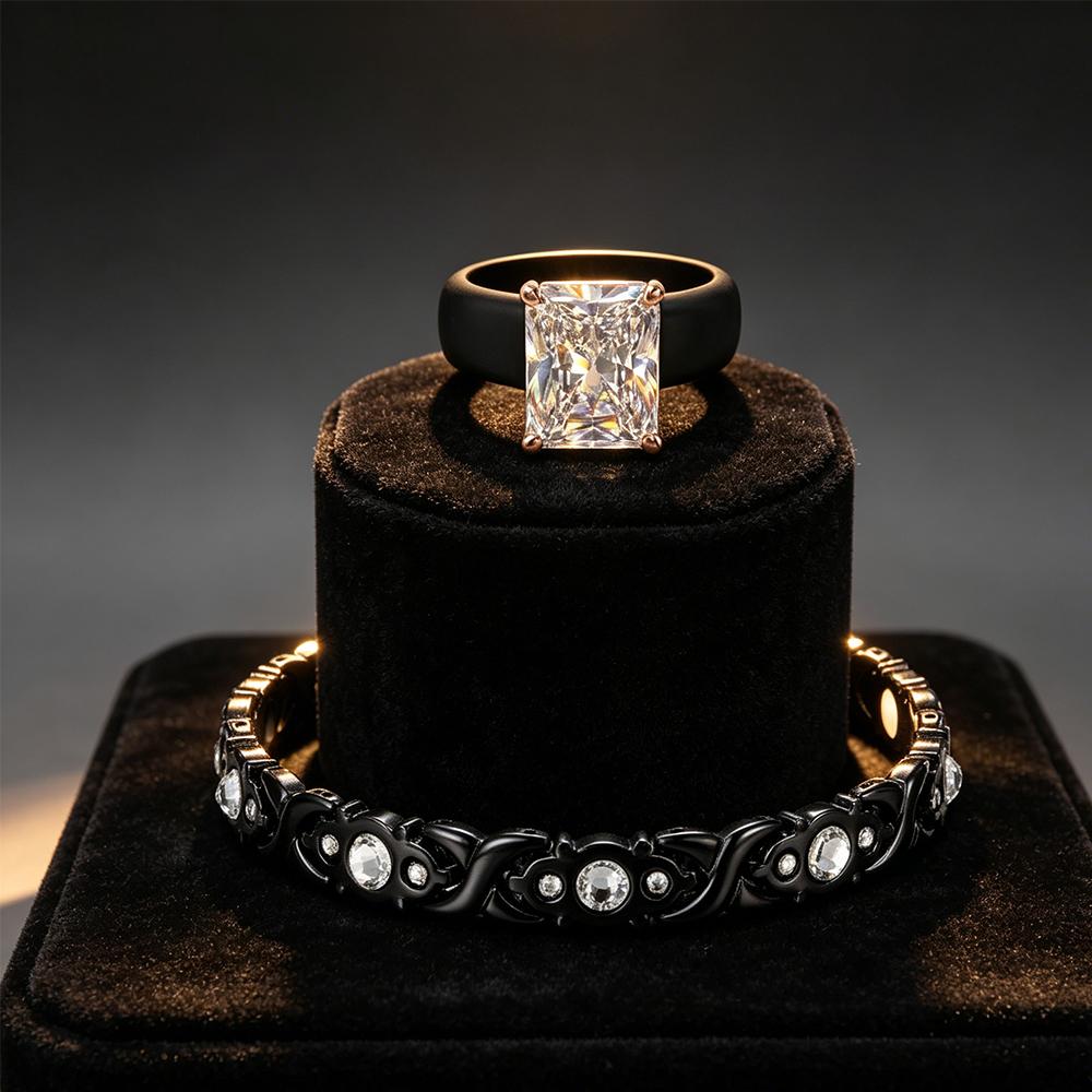 s Black Jewelry Set, Emerald Cut CZ Silicone Ring + Black Crystal Link Bracelet, Gothic Hip Hop Statement Jewelry for Men/Wom