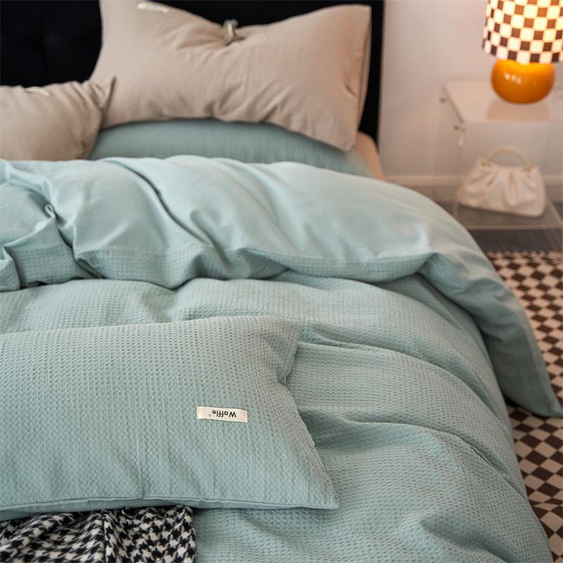 Class A, Maternal And Infant Grade Cotton Double-Layer Yarn 4Pcs Set, Pure Cotton Dormitory 3Pcs Set, Solid Color Bed Sheet Waffle Single Quilt Cover