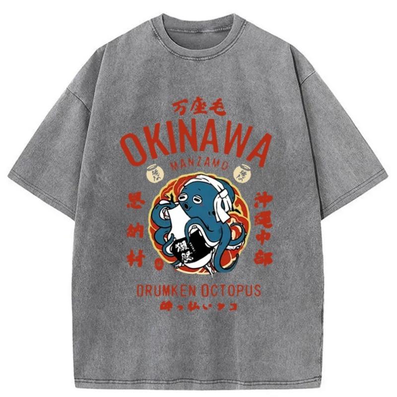 

Unisex Fashion Short Sleeve Round Neck Harajuku Y2K Hip Hop Tee Okinawa Drunken Octopus Washed T-Shirt Summer Top S