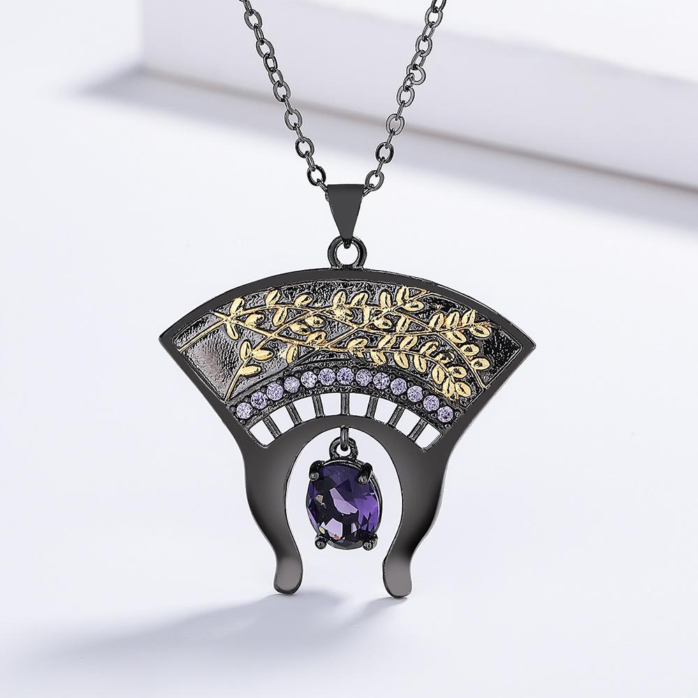 Vintage Black and Gold Two tone Fan shaped Blue Zircon Necklace