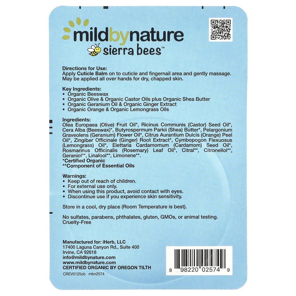 Mild By Nature, Sierra Bees™, Cuticle Care Balm, Geranium, Orange & Lemongrass, 0.6 oz (17 g)