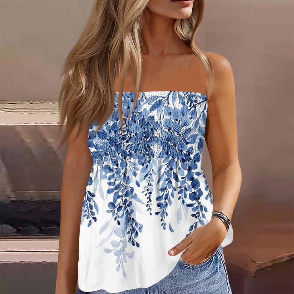 Tube Tops For Women, Søt Sexy Off Shoulder Print Ermeløs T-skjorte