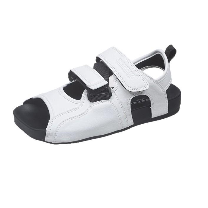 2025 popular niche crooked square head sandals women's white black versatile flat heel Velcro casual beach cool slippers