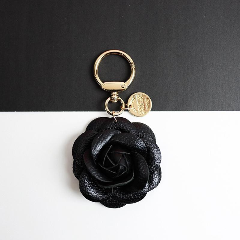 Yogodlns Cute Sweet Synthetic PU Leather Rose Camellia Flowers Bag Pendant For Women Trinket Key Chains Ring Car Bag Charm