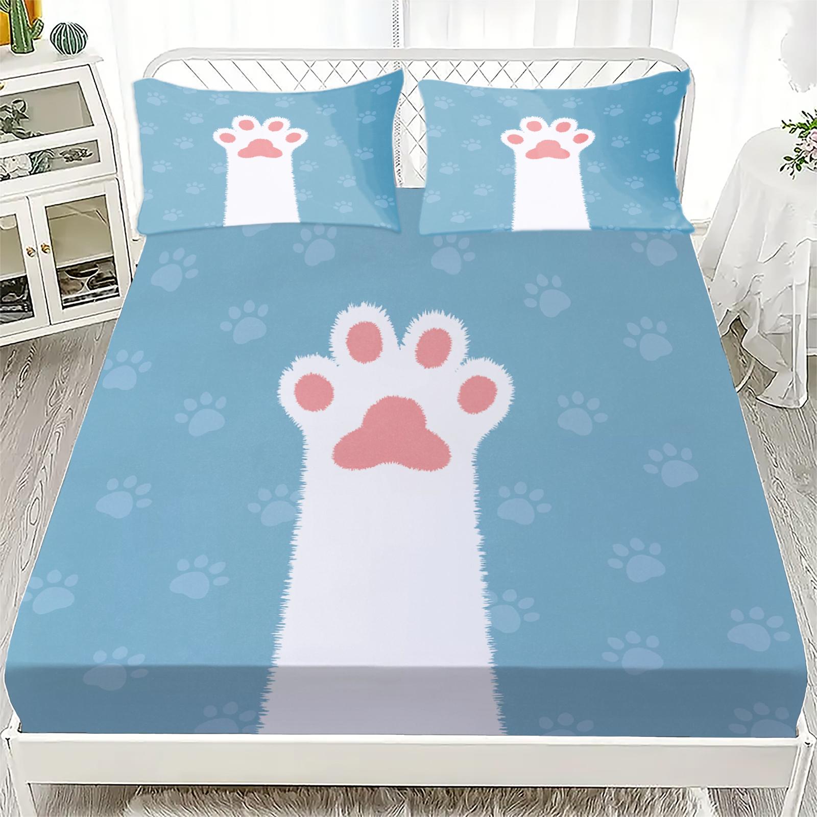 

3pcs Cartoon Fitted Sheet Set Cute Lovely Cat Paw Print 100% Polyester Breathable Bedding Set for Home Decor with 2 Pillowcases 99x190x25cm