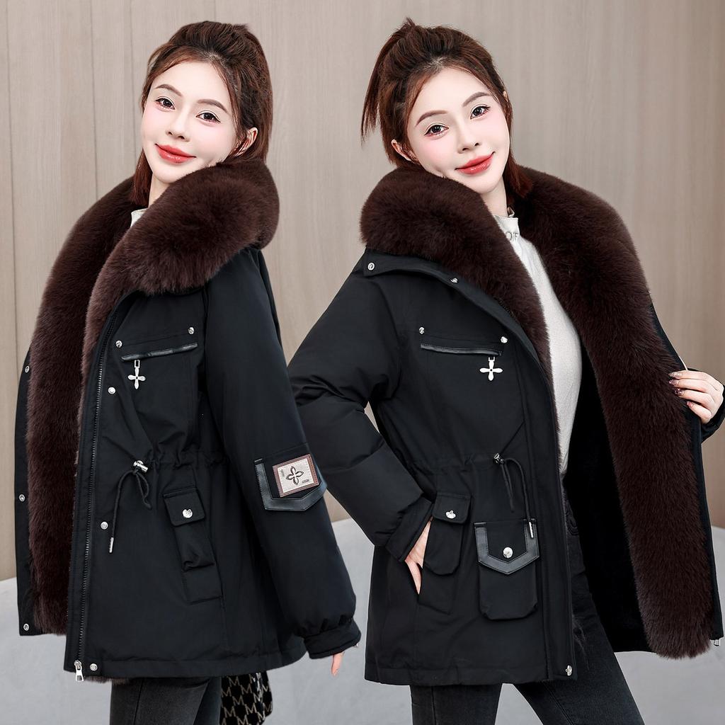 Winter short pie overcome women's big fur collar waist drawstring tooling thickened padded jacket brick and mortar store