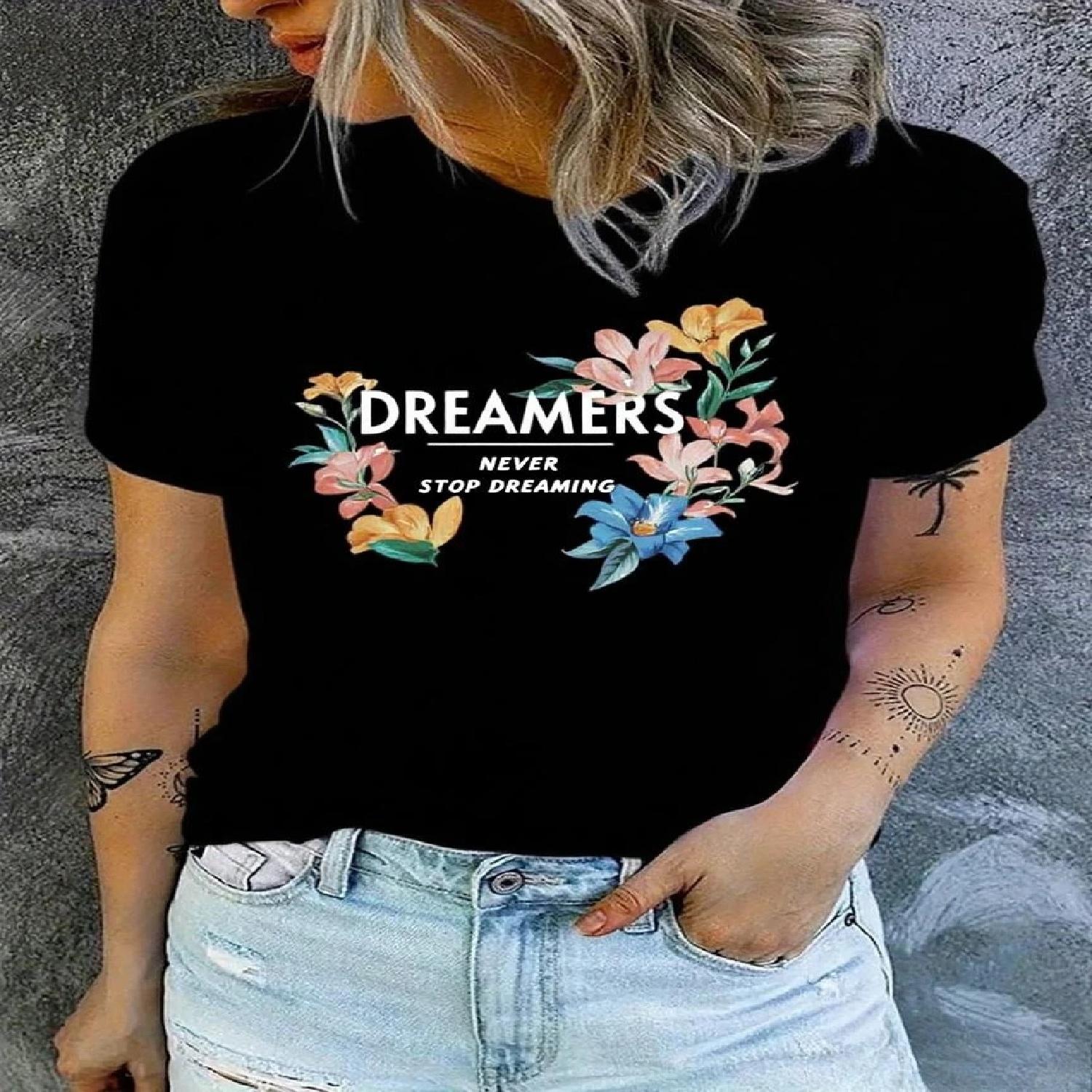 Sleeve Top All-Season Casual Tee with Vibrant Design Women s Floral Print T-Shirt - Lightweight Stretchy Crew Neck S чёрный