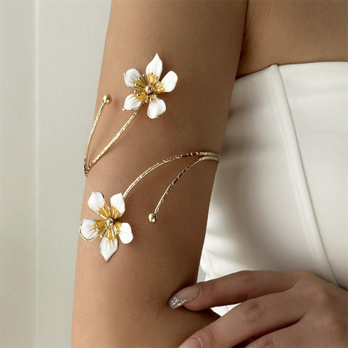 

Vintage Elegant Colorful Enamel Flower Arm Cuff Bracelets For Women Men Romantic Floral Open Bangle Summer Beach Party Jewelry