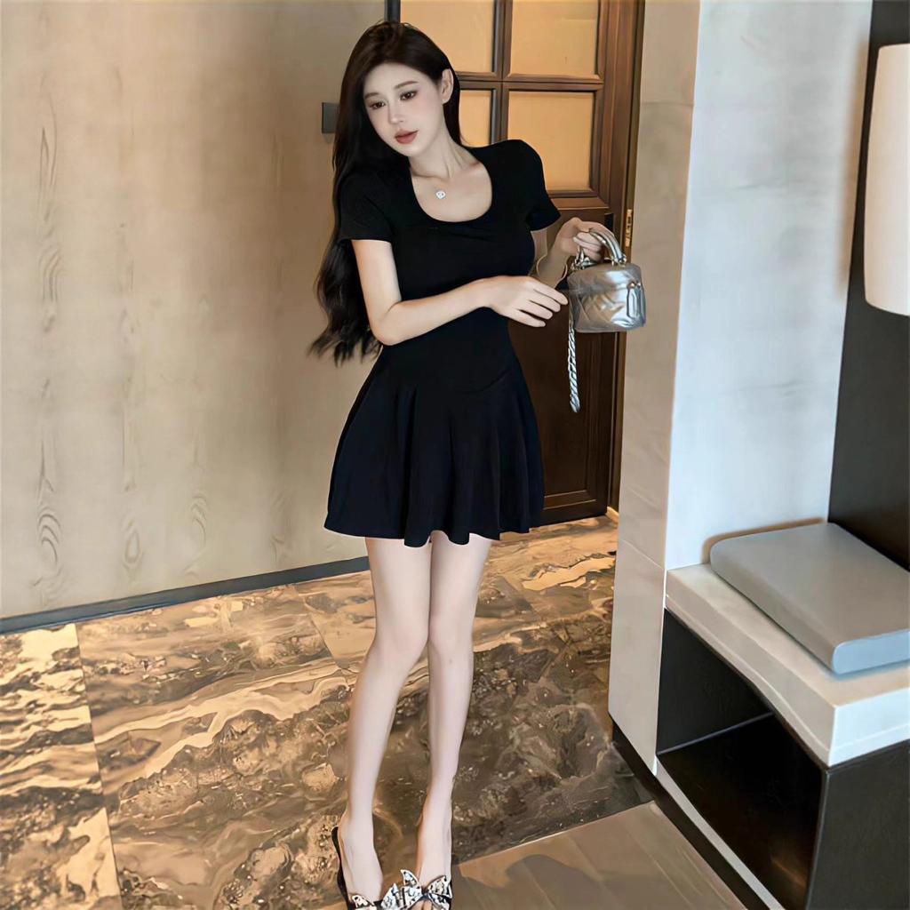 Summer new pure desire style square neck short sleeve temperament solid color dress tight elastic Spice Girl A word short skirt