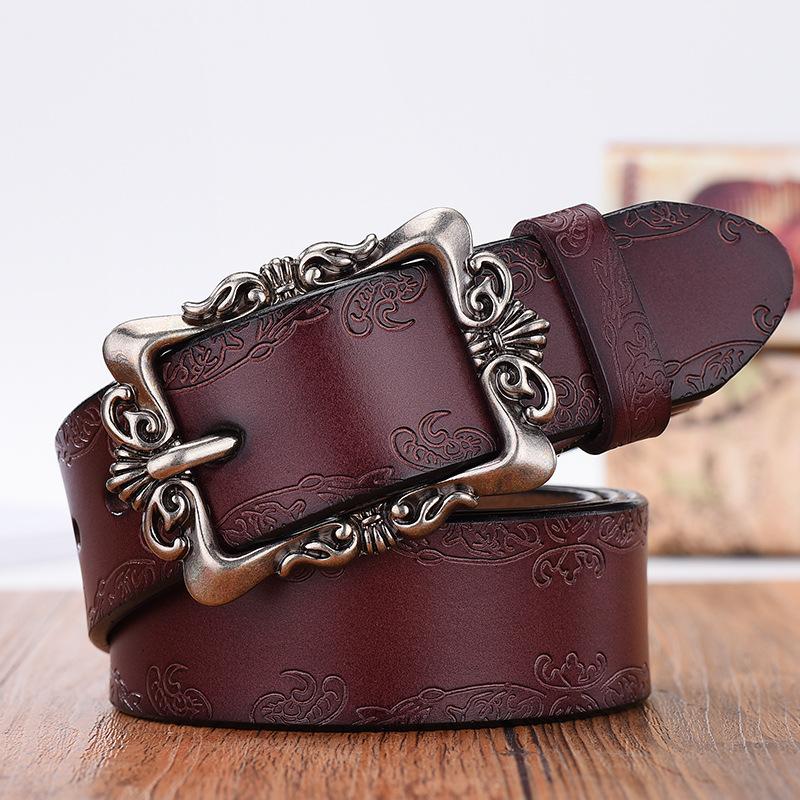 Ouyaohong Mode brede lederen riemen voor dames Vintage bloemen gesp Damesriem Hoge kwaliteit tweede laag koeienhuid jeansriem bruin