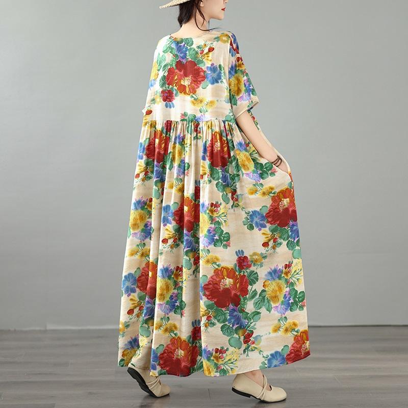 Kurzarm Plus Size Baumwolle Vintage Blumenmuster Neu in Kleidern für Damen lässig locker langes Sommerkleid