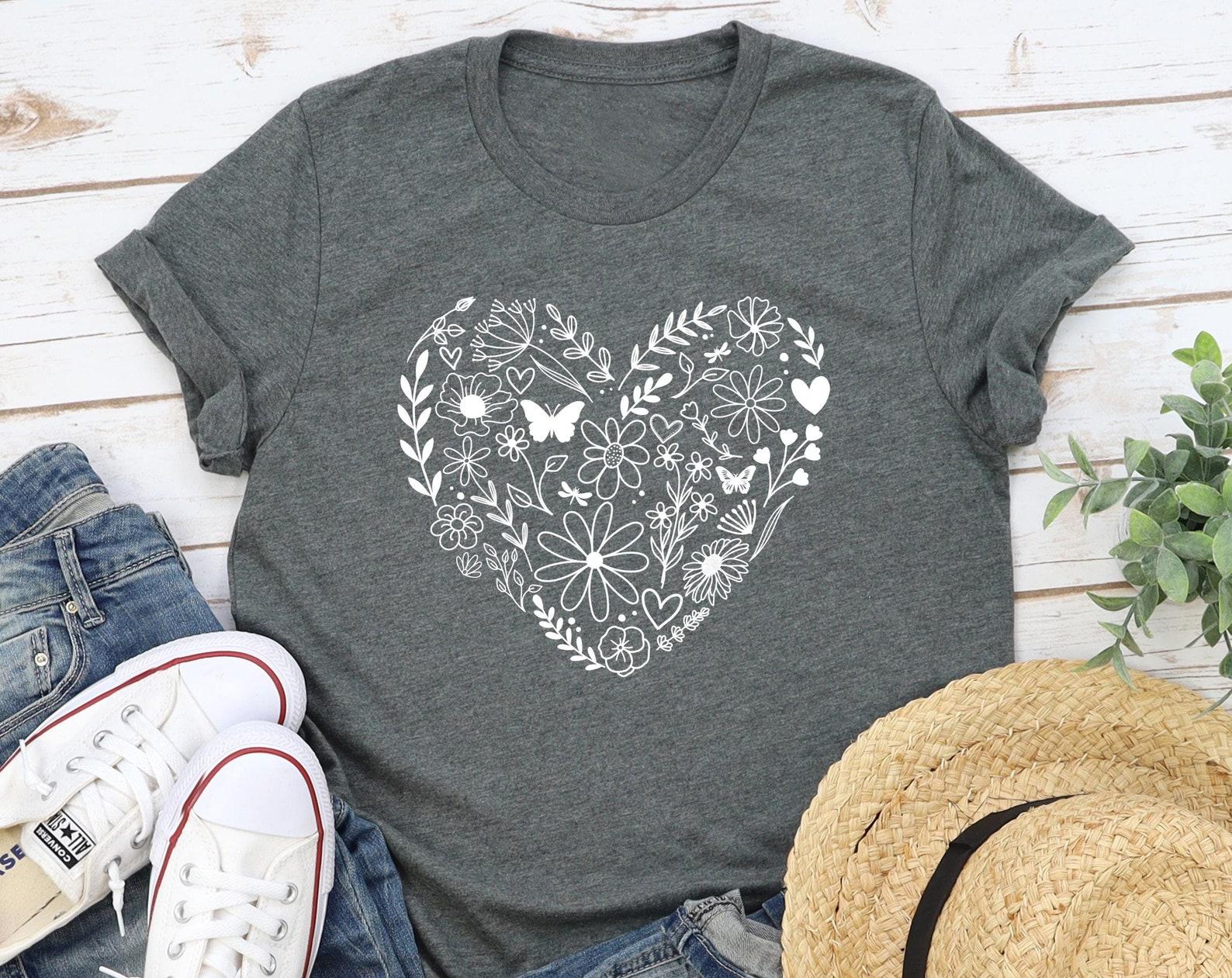 Floral Heart Collage T-Shirt: Wildflower Garden Tee Gift XL