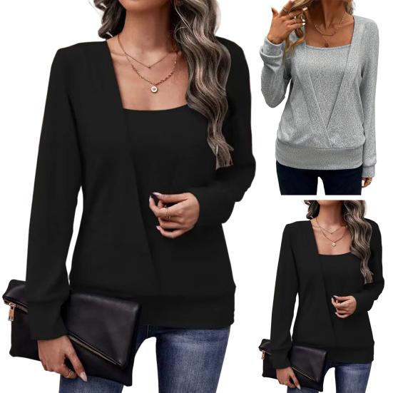 Damska bluzka kwadratowy kołnierz długi rękaw fason dwuczęściowy pulower topy jednolity kolor luźny krój jesienna koszulka