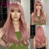 Light Pink Long Wavy Cosplay Synthetic Hair Wigs with Bangs for White Women Afro Lolita Water Wave Halloween Heat Reisitant Wig