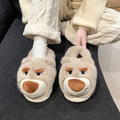 Fashion Men's Faux Fur Slippers Winter Warm Shoes Cute Cartoon Bear Soft Plush Couples Indoor Home Floor Slippers Women Cotton Footwear