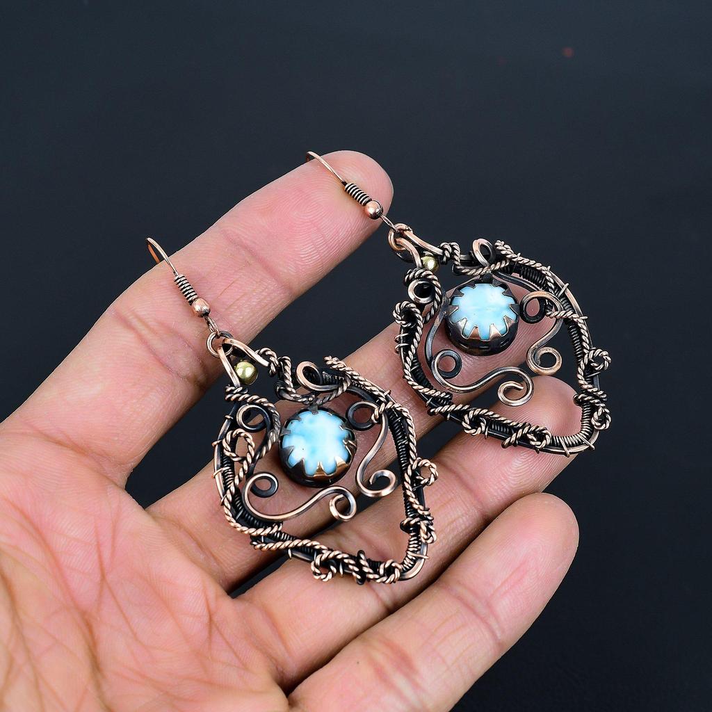 Larimar Earrings, Handmade Gemstone Earrings, 999 Copper Wire Wrapped Earrings Antique Jewelry, For Engagement Gift